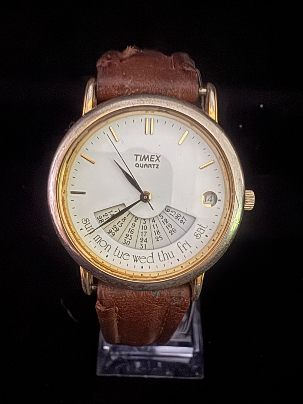 Timex Gold-Tone Case with White Dial and Brown Leather Strap